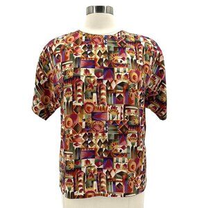 Vintage Che Studio Multicolor Floral Geometric Short Sleeve Blouse Top Womens M